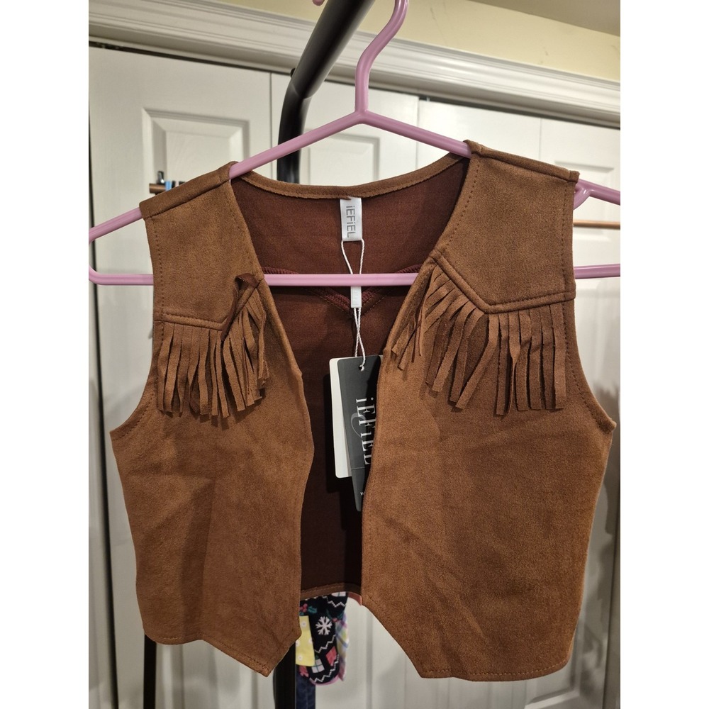 Boys‎ Western Cowboy Vest Brown Fabric Fringed Hem Jacket Carnival Party Size 8
